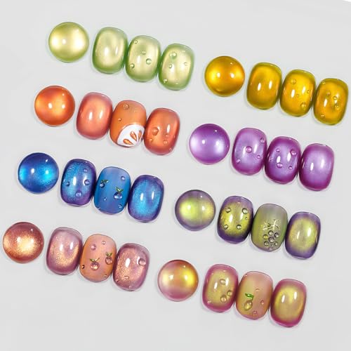 MIZHSE Cat Eye Gel Nail Polish, Fruit Colors Magnetic Gel Polish Set with Magnet, Neon Cateye Effect Green Purple Yellow Soak Off Nail Art Manicure Home Gift for Ladies