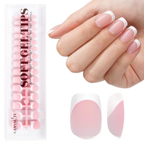 Canvalite Soft Gel French Tip Nails, 180 Pcs Extra Short Press on Nails for Women Flexible Pre-Painted White French Tip Gel Nails Nail Tips No File Need DIY Manicure Gifts for Women, Glue Not Included