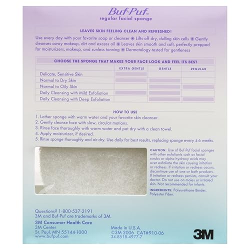 Buf-Puf Facial Sponge, Dermatologist Developed, Removes Deep Down Dirt & Makeup That Causes Breakouts and Blackheads, Reusable, Exfoliating, White, 1 Count