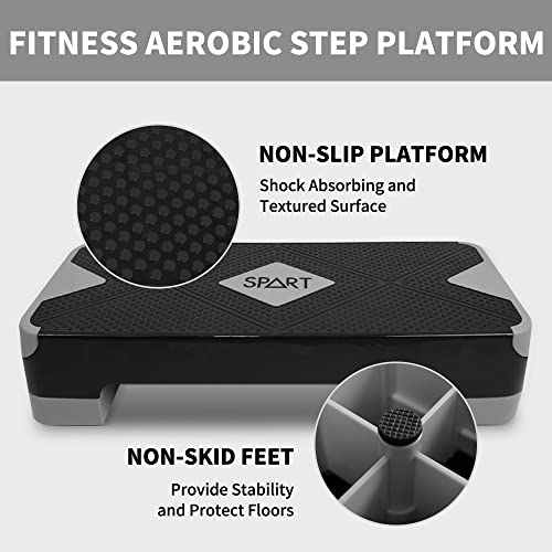 SPART Adjustable Workout Aerobic Stepper, Aerobic Exercise Step Platform with 4 Risers, 3 Levels Adjust 4" - 6" - 8", 26.77" Trainer Stepper with Non-Slip Surface For Home Gym Extra Risers, Black-Gray