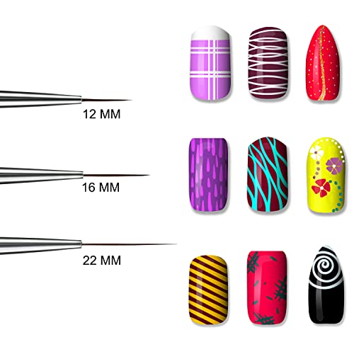 Beaute Galleria 3 Pieces Nail Art Long Striper Brush Set (12mm, 16mm, 22mm) for Thin Long Fine Line, Detailer, Striping, Color Block, One Stroke