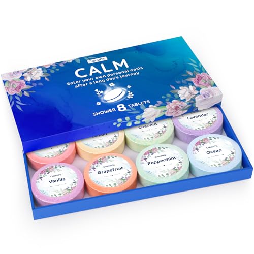 Shower Steamers 8 Pack Set Shower Bombs Tablets in Blue Box with 8 Fragrances with Shea Butter for Self-Care & Relaxation, Idea for Women and Men