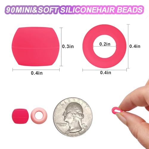 90 Pcs Silicone Hair Beads for Women Girls Braids, Soft Colorful Pony Beads Bulk for Kids Girls Women Hair Accessories for Braids (Pink)