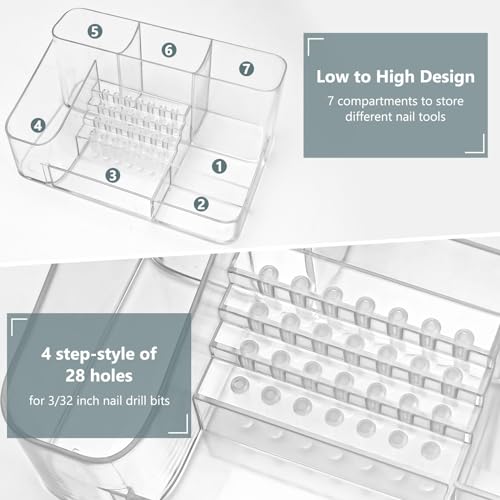 CGBE Nail Drill Holder, 28 Holes Transparent Acrylic Nail Drill Bit Holder, Professional Nail Tools Organizer and Storage Box Case