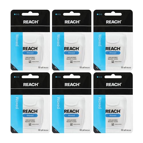 REACH Waxed Dental Floss, Unflavored, Plaque Remover for Teeth, Shred Resistant, Floss Slides Smoothly, Easy to Use, Waxed, Deep Cleaning Teeth, Oral Care, PFAS Free, for Adults & Kids, 6 Pack, 55 yd