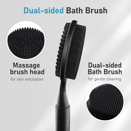 24 Inches Adjustable Bath Brush Long Handle for Shower，Dual-Sided Silicone Back Scrubber for Shower Exfoliating & Massage - Perfect for Elderly, Disabled, Limited Arm Movement (Black)