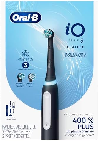 Oral-B iO Deep Clean Rechargeable Electric Powered Toothbrush, Black with iO Series 3 Limited, 2 Brush Heads and Travel Case - Pressure Sensor to Protect Gums - 3 Cleaning Settings - 2 Minute Timer