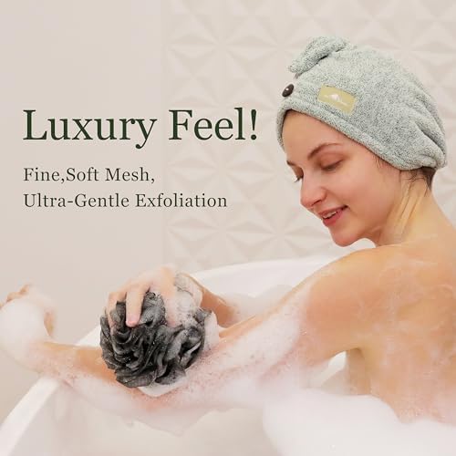 myHomeBody Large 70g Loofah Sponge, Bath Body Scrubber for Women, Men, Exfoliating Shower Pouf with Activated Charcoal - 2 Graphite Gray + 1 Sage Green, 3 Pack