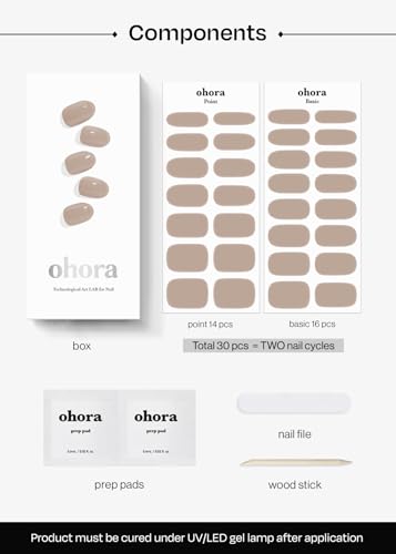 ohora Semi Cured Gel Nail Strips (N Cream Beige) - Nude, Solid, Works with Any UV/LED Lamps, Salon-Quality, Long Lasting, Easy to Apply & Remove - Includes 2 Prep Pads, Nail File & Wooden Stick