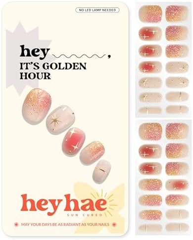 Semi Cured Gel Nail Strips | No LED Lamp Needed | Ombre, Gold, Spring | Easy Apply & Remove, Salon Quality | Includes 28 Strips, 1 Prep Pads, Nail File & Wooden Stick - Hey, It's Golden Hour
