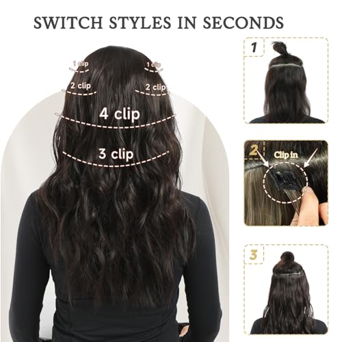 Clip in Hair Extensions, 6 PCS Natural & Soft Hair & Blends Well Hair Extensions, Dark Brown Long Wavy Hairpieces(20inch, 6pcs, Dark Brown)