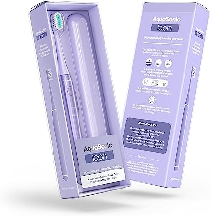Aquasonic Icon ADA-Accepted Rechargeable Toothbrush | Magnetic Holder & Slim Travel Case | 2 Brushing Modes & Smart Timers | Gentle Micro-Vibrations (Lilac)