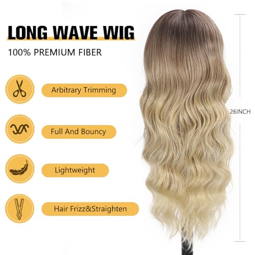 Blonde Wig with Bangs Long curly wavy Wig for Women Ombre wig with Brown root skin-friendly synthetic fiber for festival holiday Use 26IN