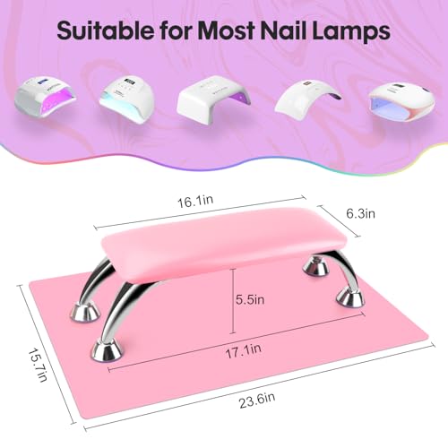 Arm Rest for Nails Tech with Table Mat for Salons and Home Manicures, Soft Microfiber Leather Nail Hand Rest for Relaxing Arms, Non-slip Height Hand Pillow Cushion Nail Salon Manicure (Pink)