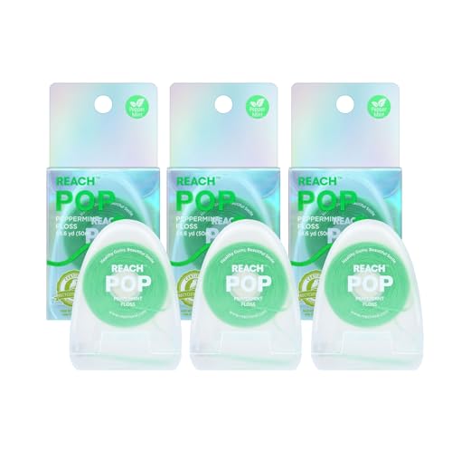 REACH POP Dental Floss, Peppermint, Plaque Remover for Teeth, Shred Resistant, Vegan Wax, Cruelty Free, Eco Friendly Packaging, Oral Care, PFAS Free, for Adults & Kids, 3 Pack, 54.6 yd