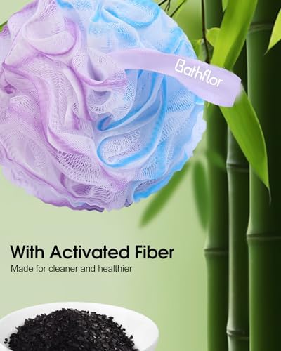 80g Loofah Sponge, Long Handle Loofah for Shower Bath Wash, 4 Extra Large 80g Soft Loofa Pouf, 1 Long Handle Curved Luffa on a Stick, 1 Shower Hook, Body Scrub for Men&Women (4 Color)