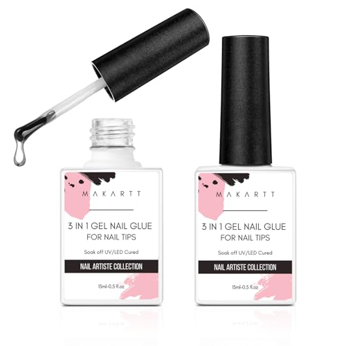 Makartt Nail Glue for Acrylic Nails UV Gel Curing Needed 3 in 1 Super Strong Brush on Nails Glue for Press on Nails Soak Off for Gel Nail Tips Nail Adhesive Bond Nail Base Coat Slip Solution 15ML 2pcs
