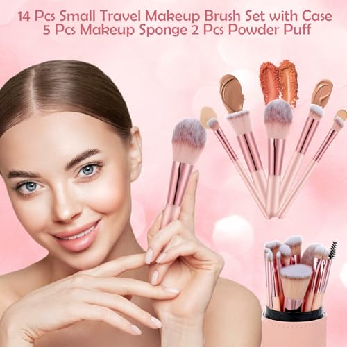 14 Pcs Small Travel Makeup Brush Set Portable Pink Make up Brushes with Case,5 Pcs Makeup Sponge,Valentine's Day Gift,Mother's Day Gift for Foundation Powder Concealers Eye Shadows(Pink)