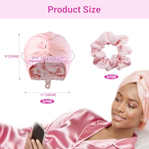 2Pcs Adjustable Silk Hair Bonnet For Sleeping, Sleep Cap With 2 Pcs Scrunchies, Silk Hair Wrap For Sleeping Women For Curly Hair, Natural Hair Care Night Caps (Pink)