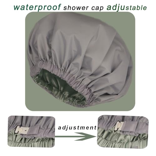 2Pcs Genergy Shower Cap for Women, Adjustable, Large& Reusable &Satin Lined Shower Cap Waterproof Washable &Double Layers &Reversible (Litht grey+Apricot)