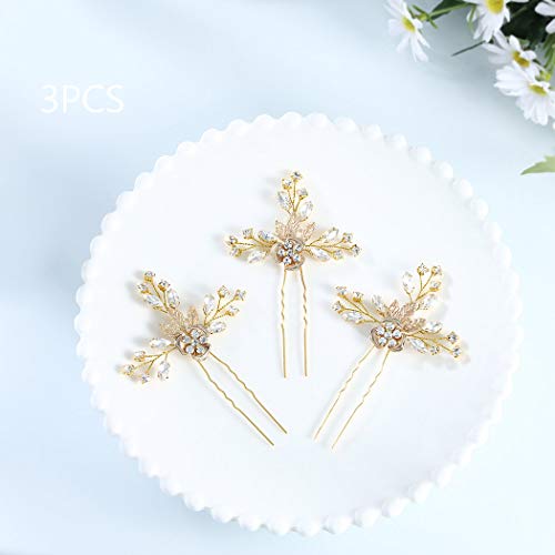 Jeweky Bride Wedding Crystal Hair Pins Clips Bridal Hair Pieces Flowers Hair Accessories Jewelry for Women and Girls (Pack of 3) (Gold)