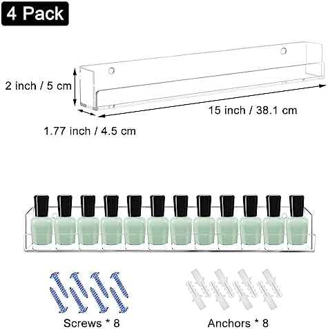 4 Pack Nail Polish Rack Wall Mounted Shelf, Clear Acrylic Nail Polish Organizer Display,Clear Nail Polish Wall Rack Nail Supplies for Nail Techs