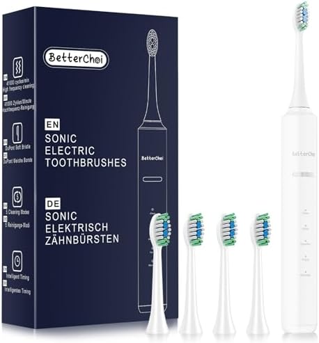 Betterchoi Sonic Electric Toothbrush for Adults, USB Rechargeable Toothbrush - 41,000 VPM Maglev Motor - 4 Brush Heads - IPX7 Waterproof, 180-Day Battery Life, 5 Cleaning Modes & Smart Timer, White