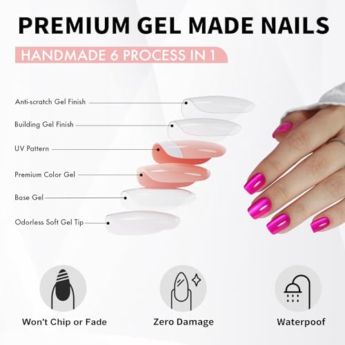 Soft Gel Hot Pink Press on Nails Short - Cat Eye Press on Nails Square for Women Gift, Natural Fit & Glossy Stick on Nails with Glue in 16 Sizes - 32 Reusable Fake Nails, Hot Pink