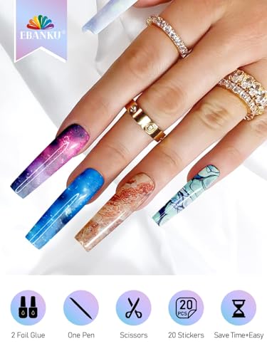 EBANKU Nail Foil Glue Gel, 20 Pcs Nail Art Foil with 30ML Nail Glue, Starry Sky Flower Stickers Transfer Foils Gels Polish Set for Art Salon or Home Use, No Nail Lamp Required