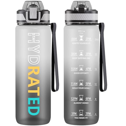 QLUR Water Bottle with Straw, 27 oz Motivational Water Bottles with Time Marker to Drink, Tritan BPA Free, 800ml Sports Water Bottle with Carry Strap LeakProof for School Fitness Outdoor (1Pack)
