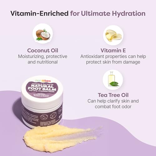 ZenToes Natural Foot Balm | Hydrating Cream for Dry, Cracked Heels & Feet | Enriched with Coconut, Tea Tree, Jojoba & Vitamin E Oils | Soothes & Softens Rough Skin | 2oz