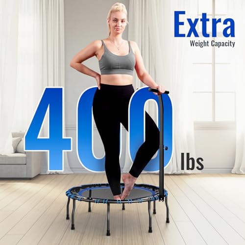 Vimexciter 40" Foldable Mini Fitness Trampoline with Adjustable Foam Handle, Exercise Rebounder for Adults Kids Indoor/Garden Exercise, Max Load 400 lbs, Blue