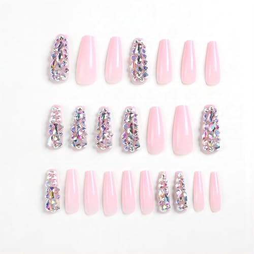 Luxurious 3D Crystal Press on Nails Long Coffin False Nails with Nail Glue Fake Nails With Rhinestones Designs Salon DIY Manicure Reusable Fake Acrylic Diamonds Nail Art Tips Gifts for Women 24Pcs