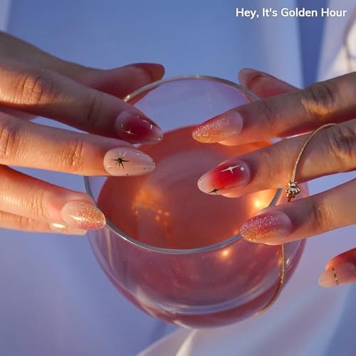 Semi Cured Gel Nail Strips | No LED Lamp Needed | Ombre, Gold, Spring | Easy Apply & Remove, Salon Quality | Includes 28 Strips, 1 Prep Pads, Nail File & Wooden Stick - Hey, It's Golden Hour