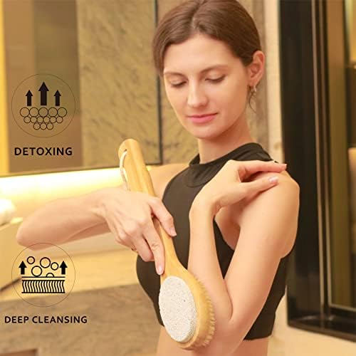 2 in 1 Long Handle Bath&Shower Brush,Bath Scrubber,Boar Bristle with Pumice Stone Exfoliate & Soften Skin,Dry Brushing Body Brush for Cellulite&Lymphatic Drainage