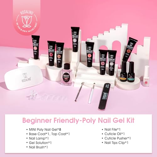 ROSALIND Poly Nail Gel Kit -8 Colors + White Brown Accessories Clear Nude Poly Nails Gel Starter Kit With Slip Solution Nude Pink Extensions Set with Mini UV Lamp