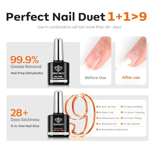 modelones Gel Nail Kit Almond, Upgrade 15Sizes Fake Nails, 9-in-One Glue Dehydrator & Mini U V Light Clipper, 510Pcs Medium Almond Press on Tips for Extension DIY Salon Home Gift