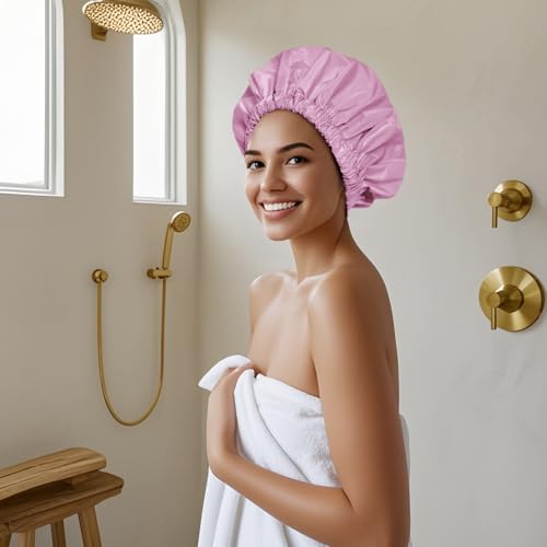 Reusable Shower Cap for Women, Large Waterproof Shower Essentials Bonnet Washable Elastic Band Bath Hair Wrap Hat for Long Hair, Braids(Green&Purple)