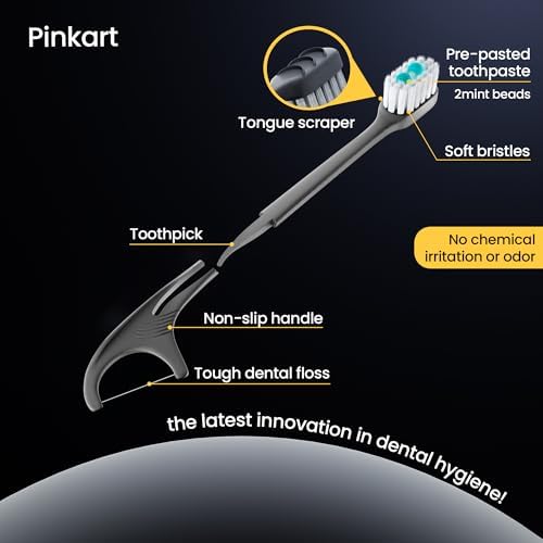 5 in 1 Disposable Toothbrushes with Toothpaste, Pre-Pasted Mint Toothpaste, 2 Mouthwash Beads, Floss, Pick, Tongue Scraper | Individually Wrapped Mini Toothbrush for On-The-Go Oral Care(24 Count)