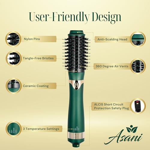 Asani Hot Air Brush - Multipurpose Blow Dryer Brush with Interchangeable Heads, Heated Round Brush for Curling or Straightening, Volumizer and Styling Tool for All Hair Types