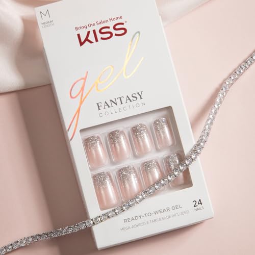 KISS Gel Fantasy Collection Ready-to-Wear Press-On Nails, ‘I Feel You’, Medium Length Square Gel Nails Kit with Pink Gel Nail Glue 0.07 Oz, Manicure Stick, Mini Nail File, and 24 Fake Nails