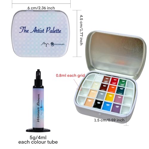 16 colours Narina The Artist Palette x MPA with mixing pad, 2 mini palettes, 24 grids for Nail Art, Solid colour 5g each High Pigment & Coverage.