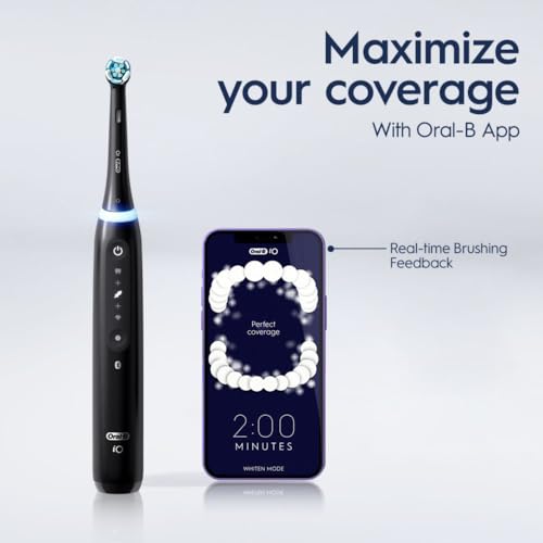 Oral-B iO Deep Clean + Whiten Rechargeable Electric Toothbrush with Visible Pressure Sensor, 2 Minute Timer, 5 Cleaning Settings, 1 iO5 Limited, 3 Toothbrush Heads, Travel Case & Refill Holder, Black
