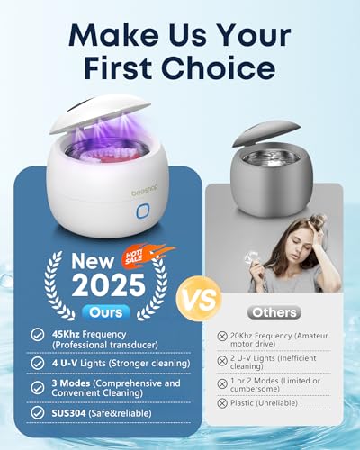 BEESHOP Ultrasonic Retainer Cleaner - 45kHz Retainer Cleaner Machine for Dentures, Mouth Guards, Night Guard, Braces, Aligner, Jewelry, 3 Modes Denture Cleaner & 200ML Dental Cleaning Pod (White)