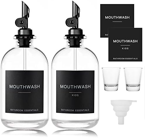Black Glass Mouthwash Dispenser with Cups, 12.7 oz, 2 Pack - Clear Mouthwash Bottle with 304 Stainless Steel Spout & Minimalist Labels, Style Mouthwash Container for Bathroom