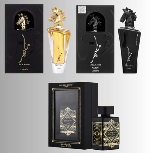 Lattafa for Unisex 3 Piece Eau de Parfum Gift Set (Bade'e Al Oud Oud for Glory + Maahir + Maahir Black Edition for Men) 3.4 Ounce/100 ml each