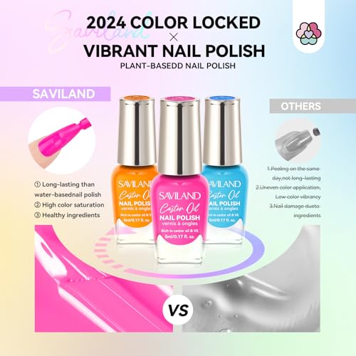 SAVILAND Nail Polish Set Quick-Dry: 24 Trendy Color Regular Nail Polish Kit Neon Glitter Finger Bulk Nail Polish Non Gel Plant-base Castor Oil Vitamin E Toe Nail Lacquer Home Set Women