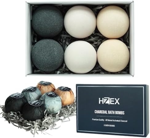 Bath Bombs, HZEX 6 Large Natural Luxury Charcoal Bathbomb Fizzes for Men Women, Organic Bath Bomb with Essential Oils and Shea Butter, Stress Relief and Relaxation, Detox with Charcoal Bathbombs
