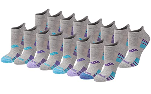 Saucony Women's RunDry Performance 8, Heel Tab Athletic Socks, S-L, Grey Heather Blue Assorted (16 Pairs), Small