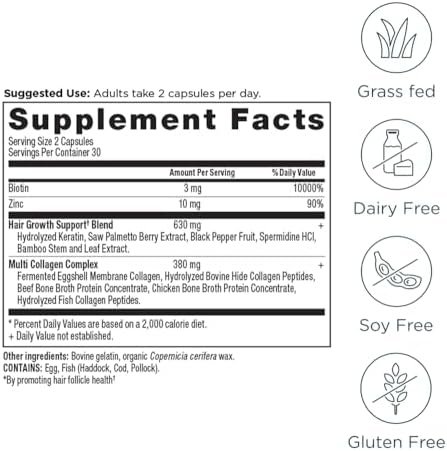 Ancient Nutrition Hair Growth + Collagen Supplement, Hydrolyzed Collagen Peptides, Clinically Studied Superfoods for Hair Growth Support, Thicker, Fuller Hair and Radiant Skin, 60 Count